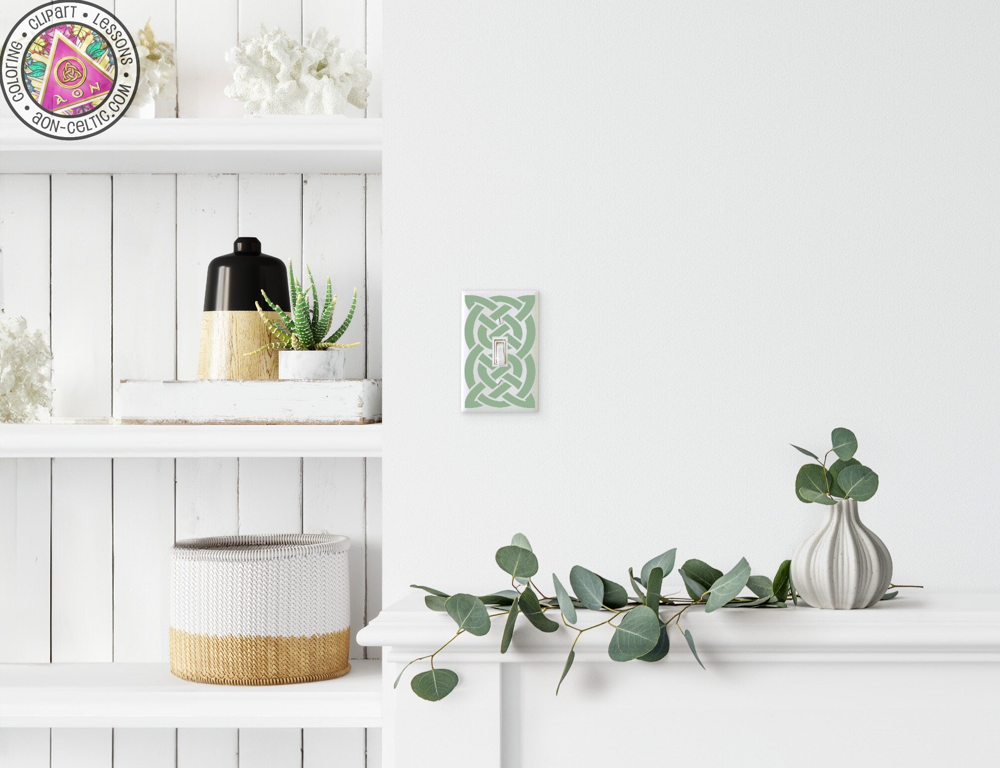 a white shelf with a potted plant on top of it