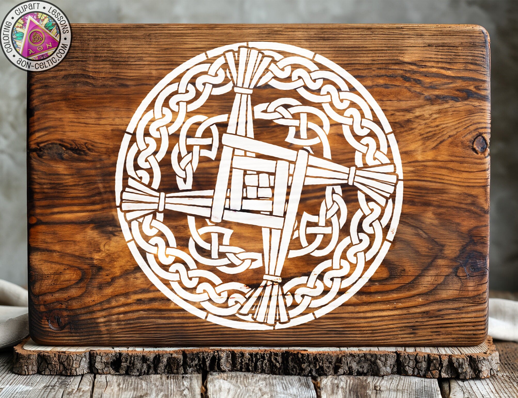 a wooden plaque with a design of a cross in a circle