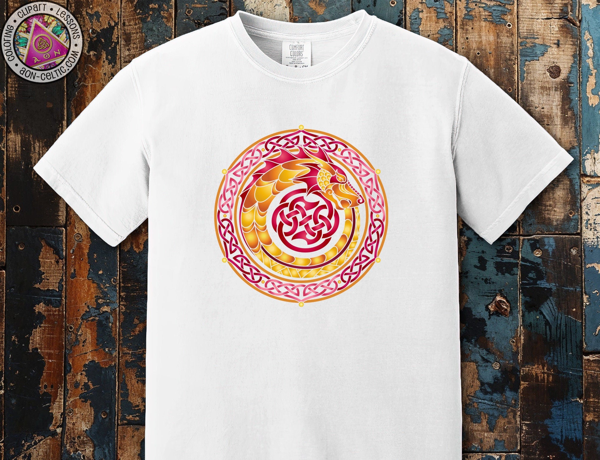 a white t - shirt with a red and yellow design on it