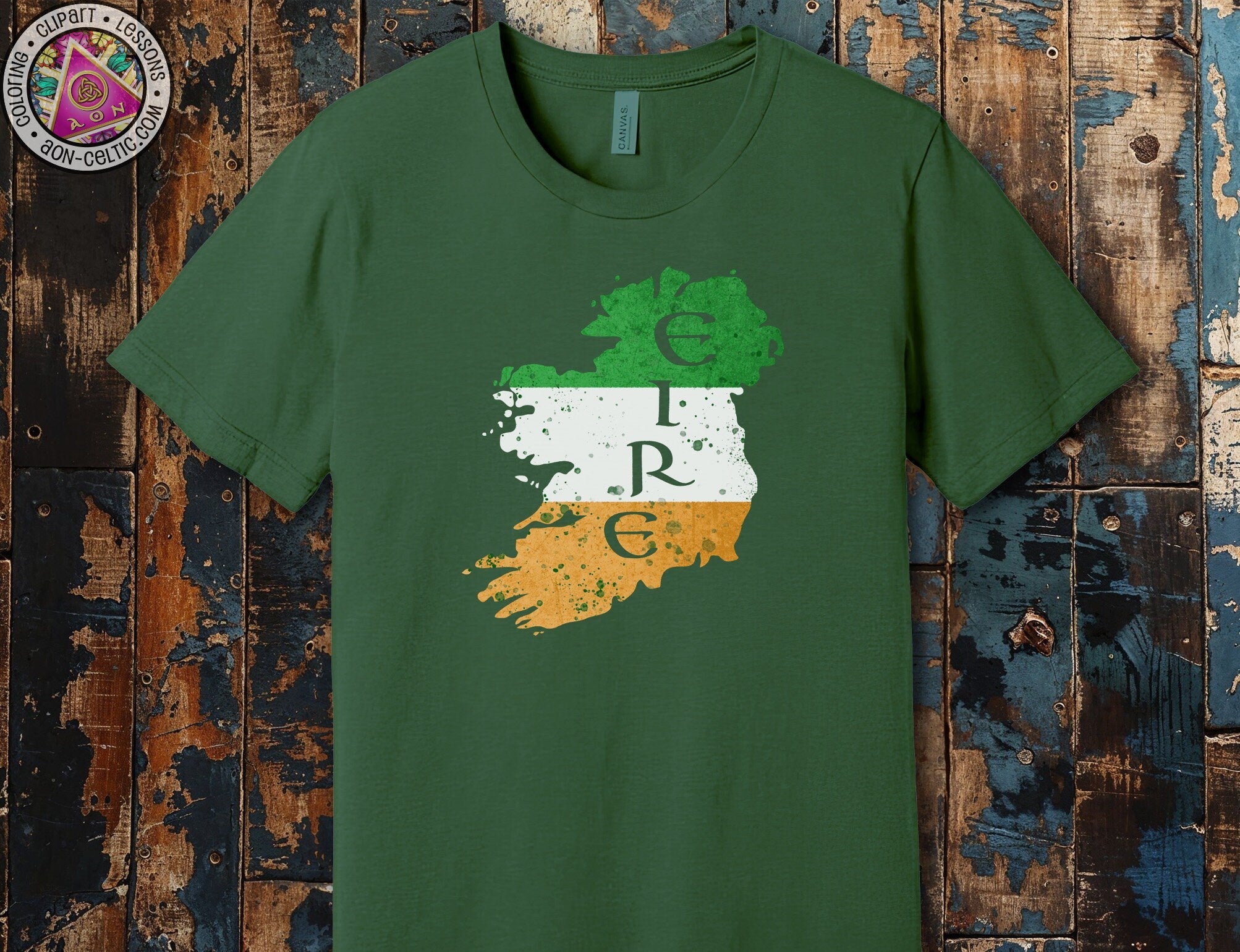 a green t - shirt with the irish flag on it