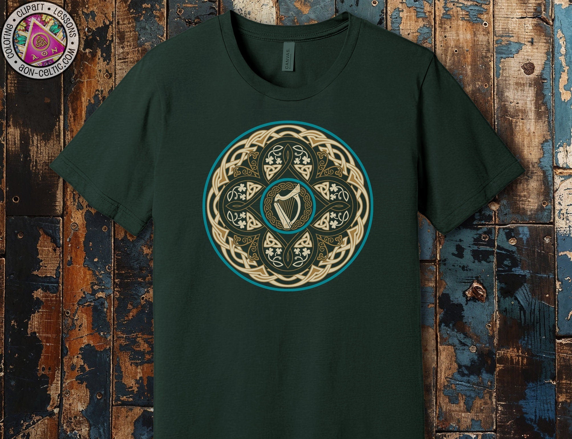 a green t - shirt with a gold and green design on it