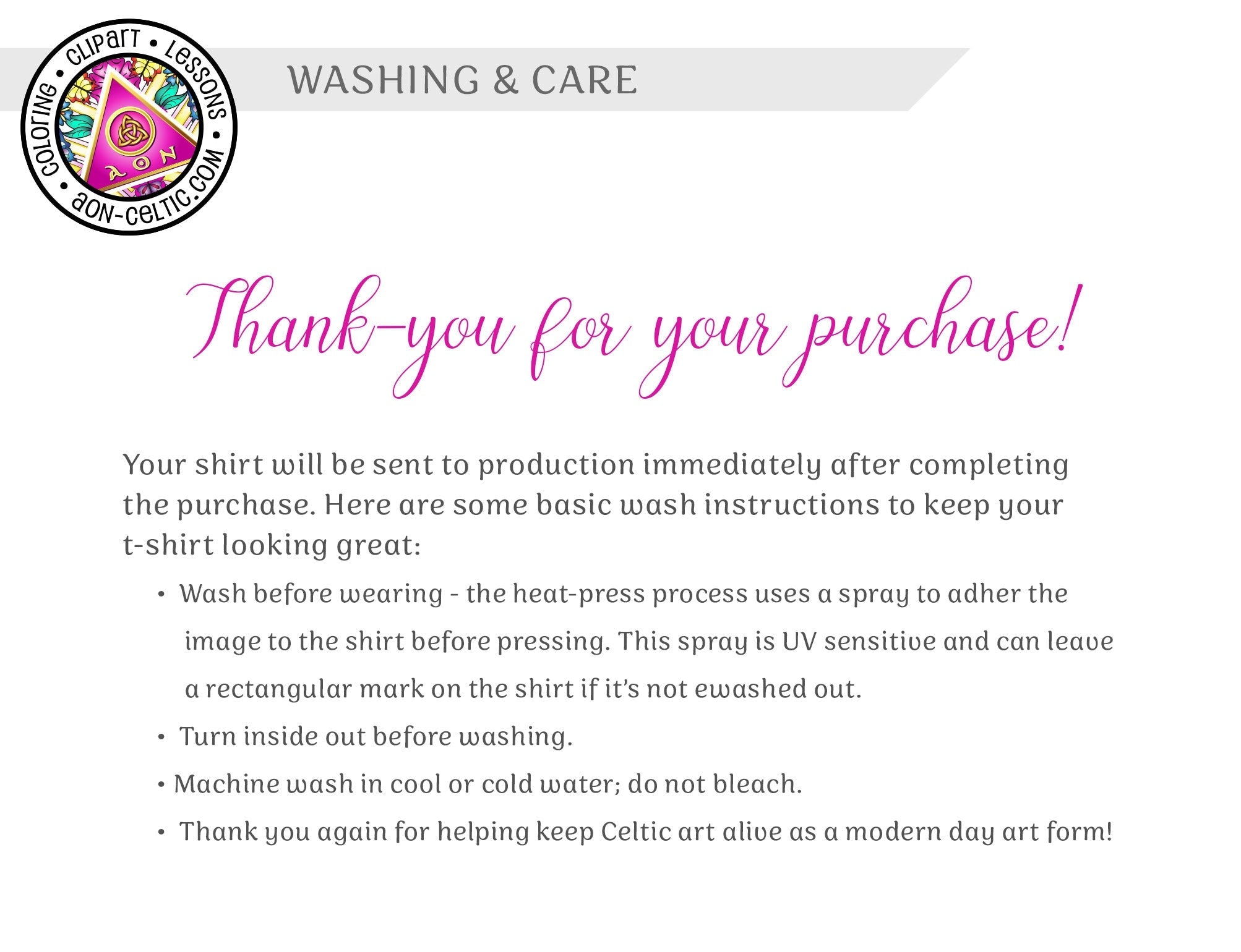 a white sheet with pink writing on it that says thank you for your purchase