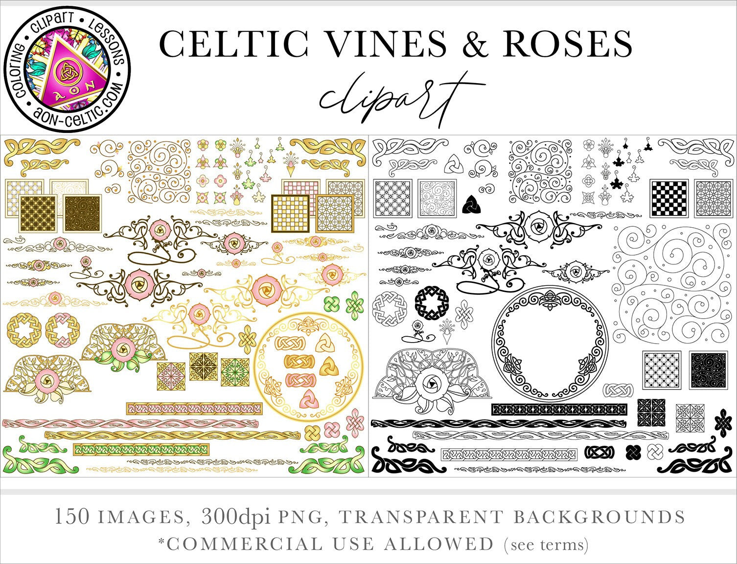 Celtic Clipart Pack - Romantic Rose Gold Vines & Medieval Decorative Boxes for Wedding Invitations