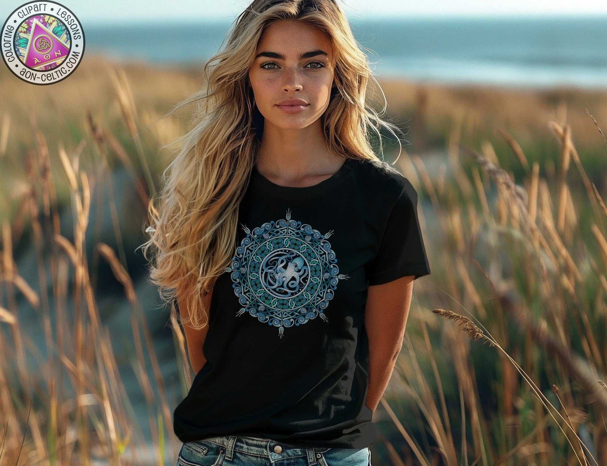 a woman standing in a field of tall grass