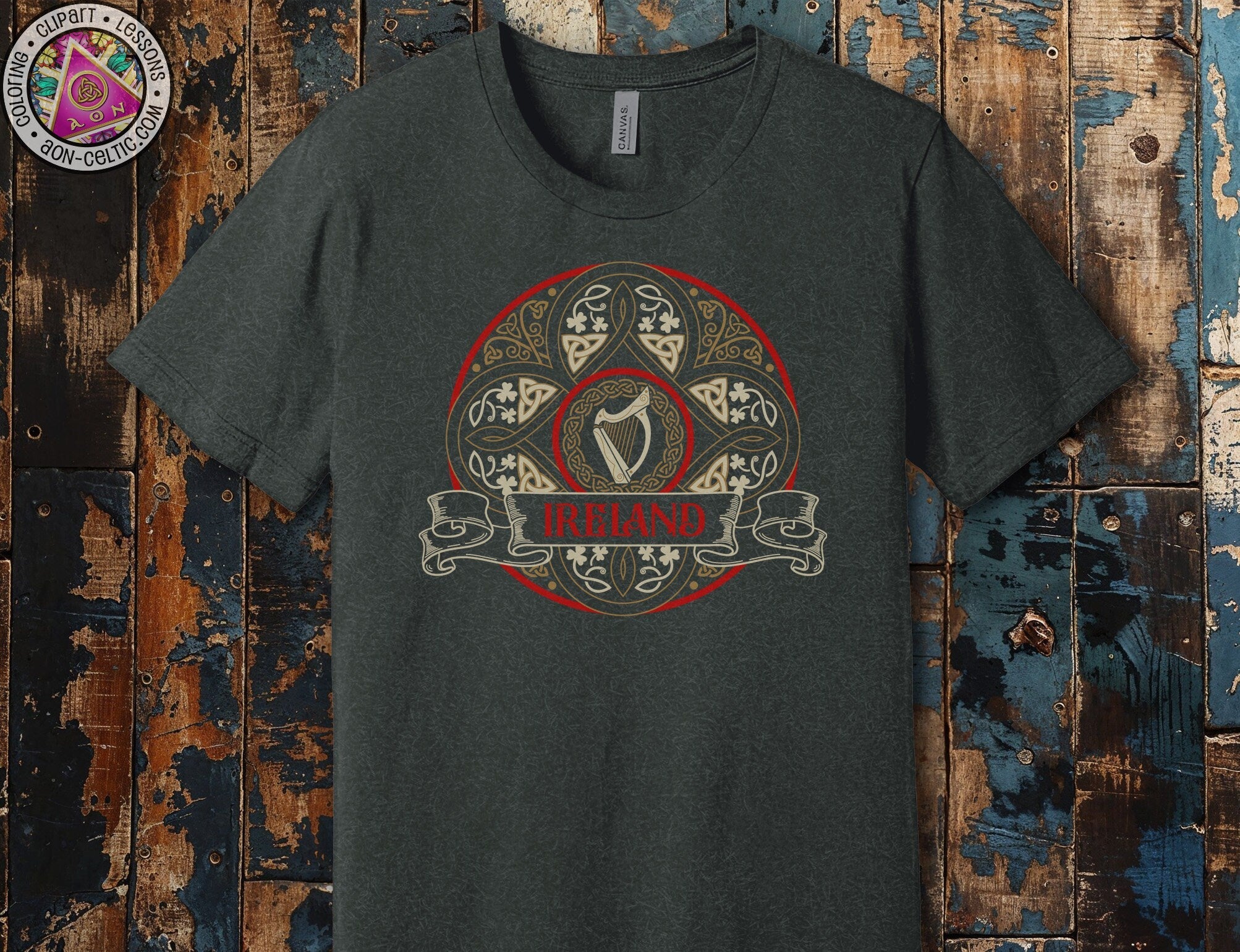 a t - shirt with a picture of a harp on it