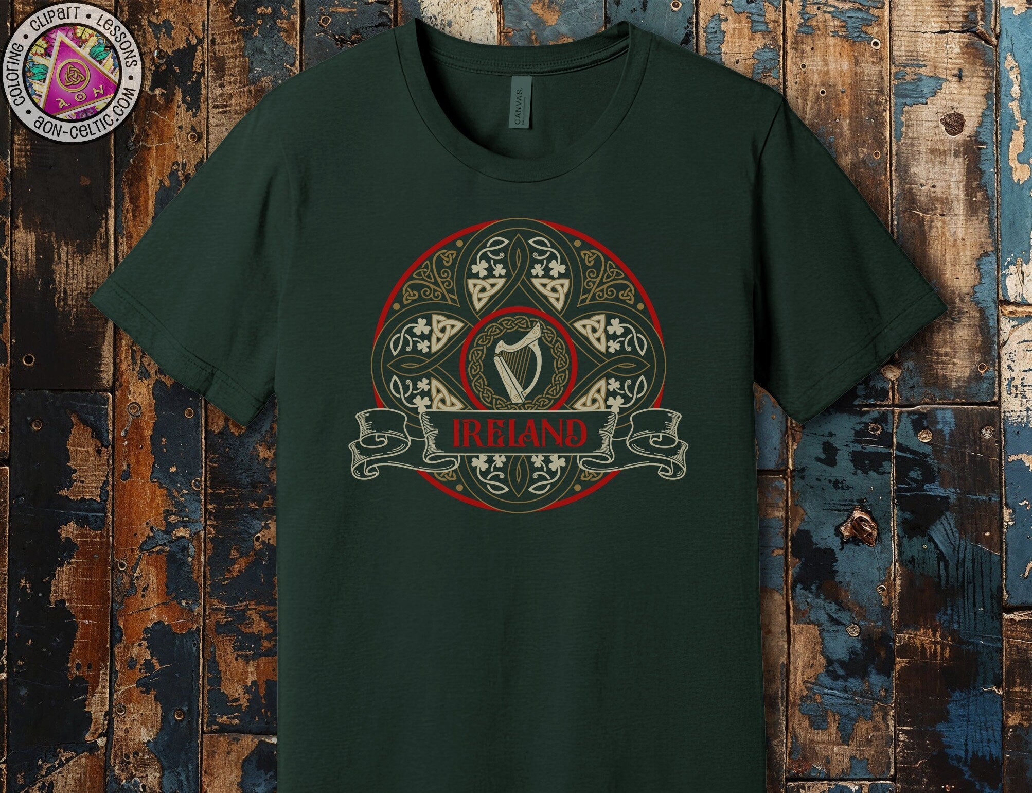 a green t - shirt with a picture of a harp on it
