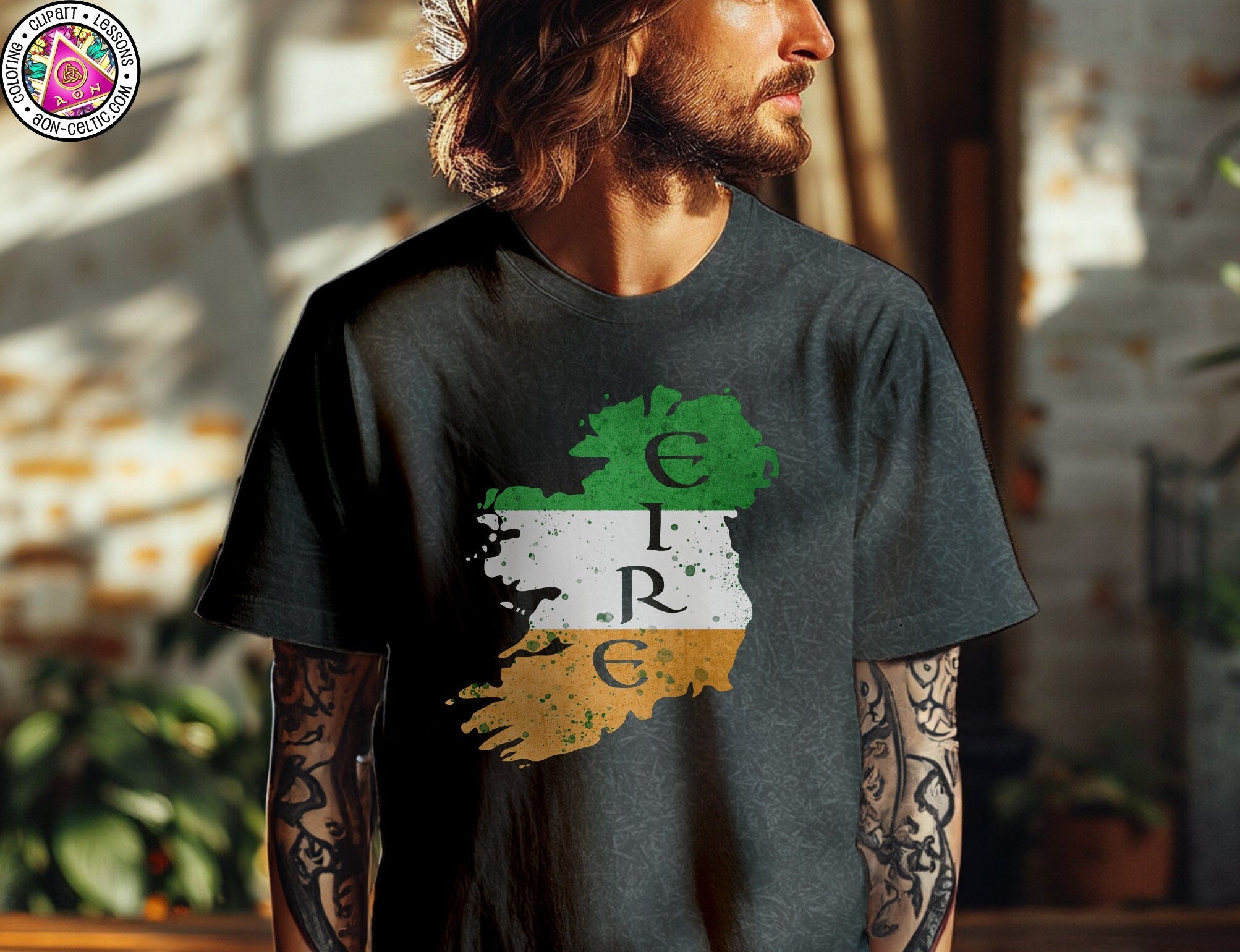 a man with long hair wearing a t - shirt with the irish flag on it