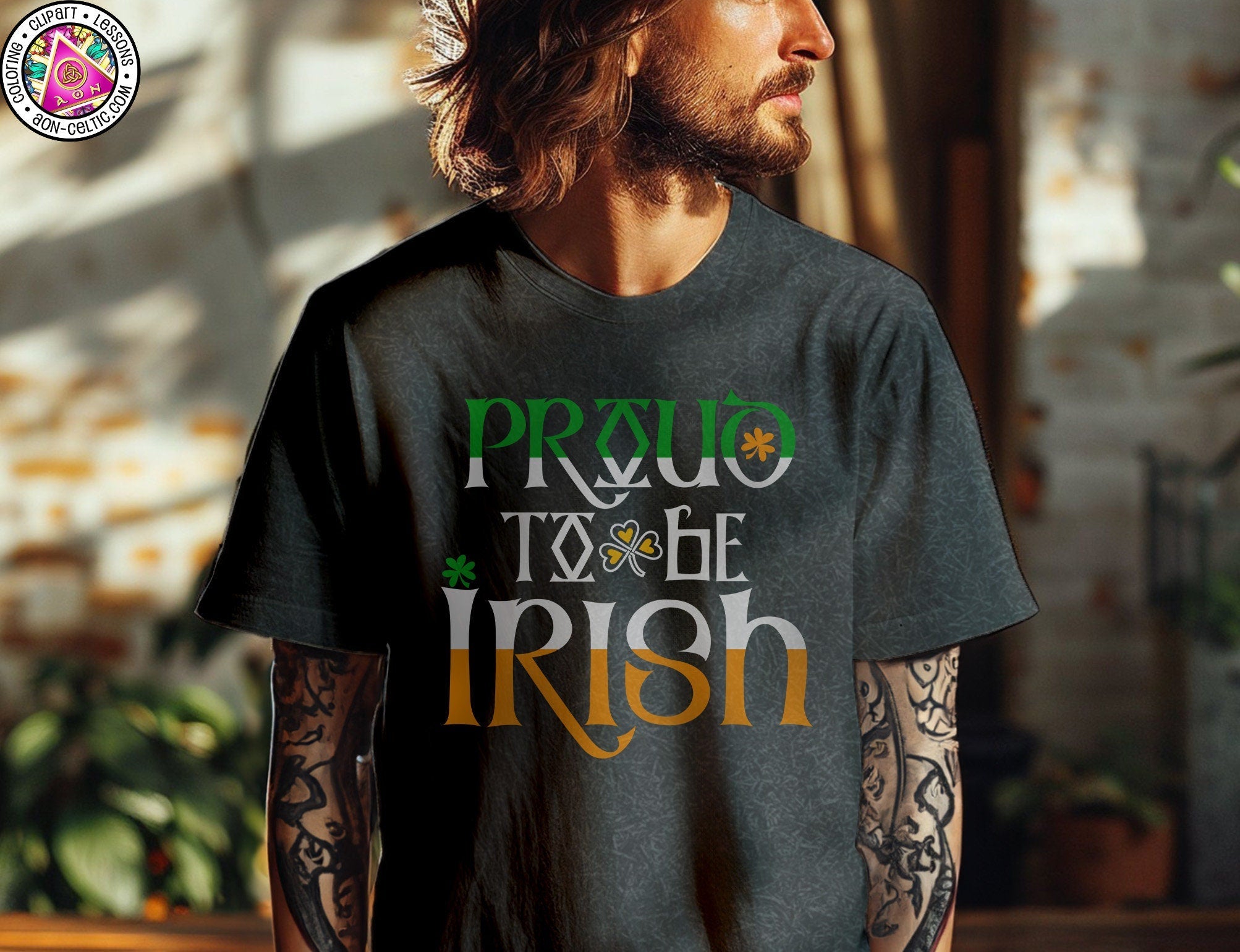 a man with long hair wearing a t - shirt that says proud to be irish