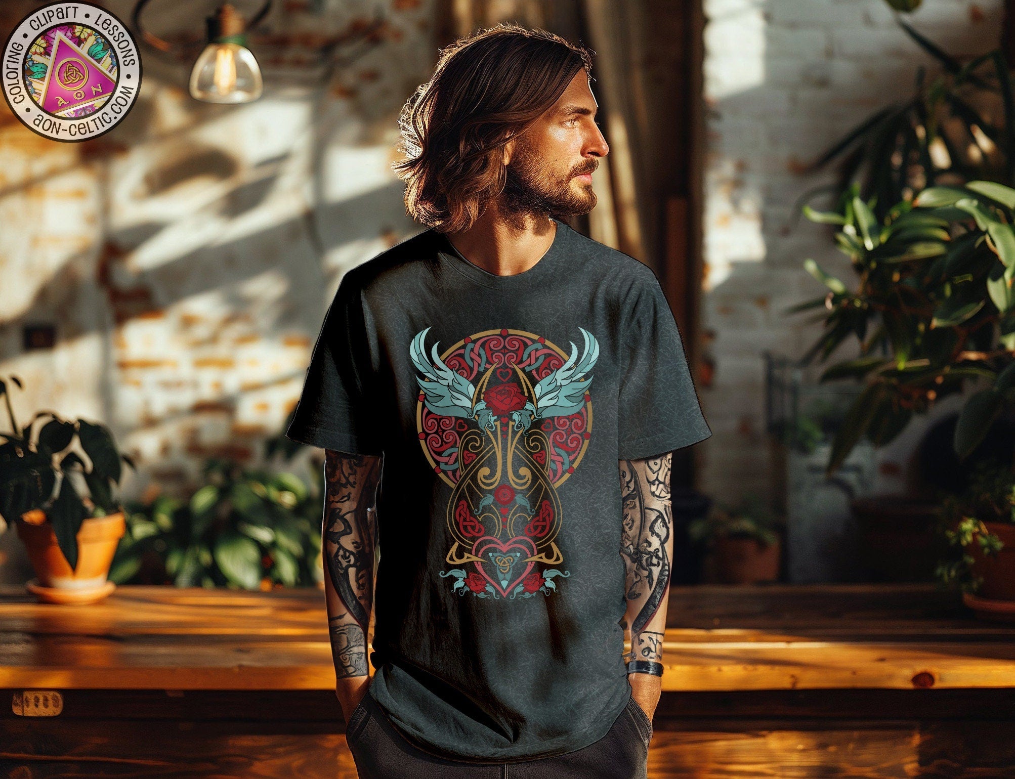 a man with long hair and tattoos standing in front of a table