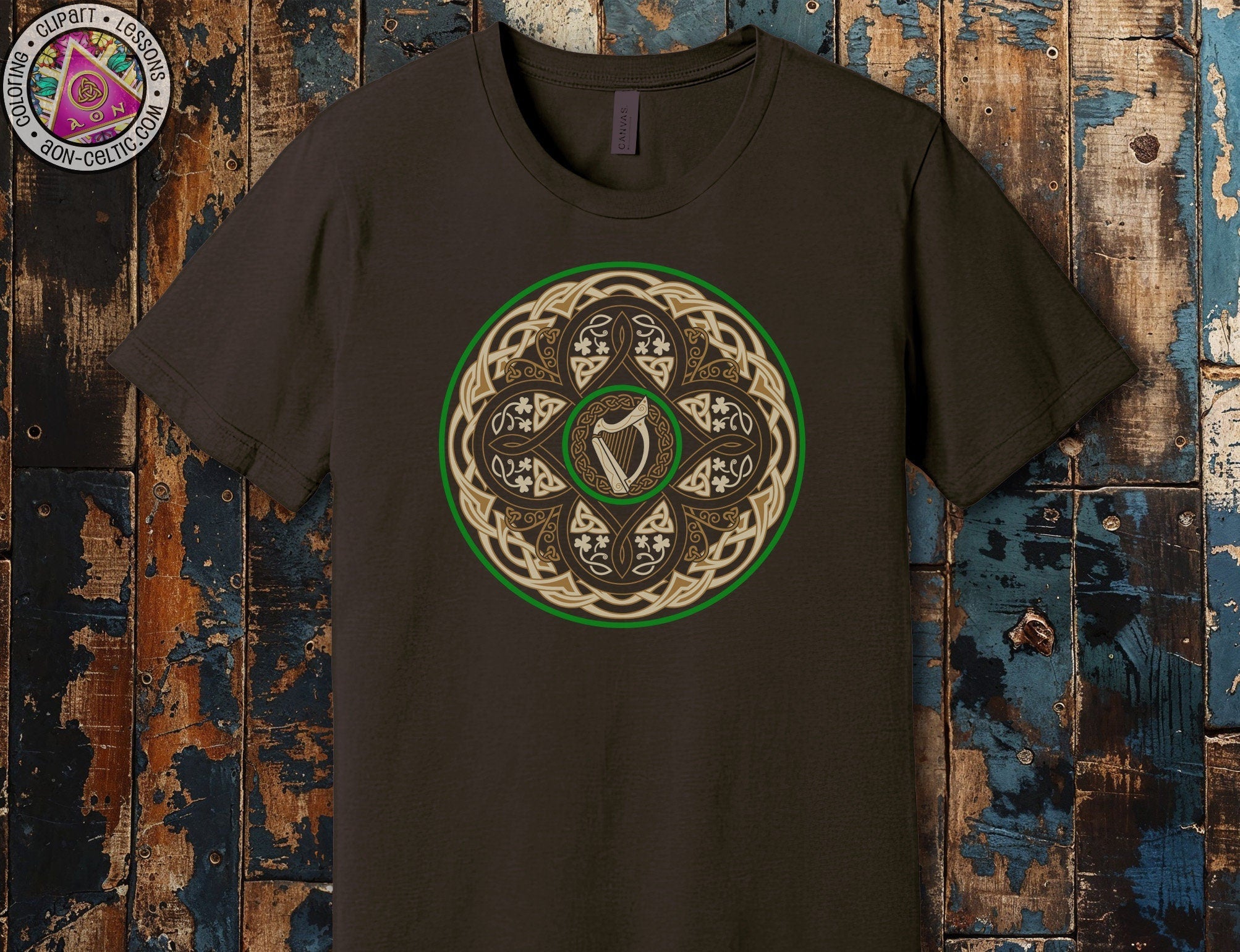 a brown t - shirt with a green and white design on it