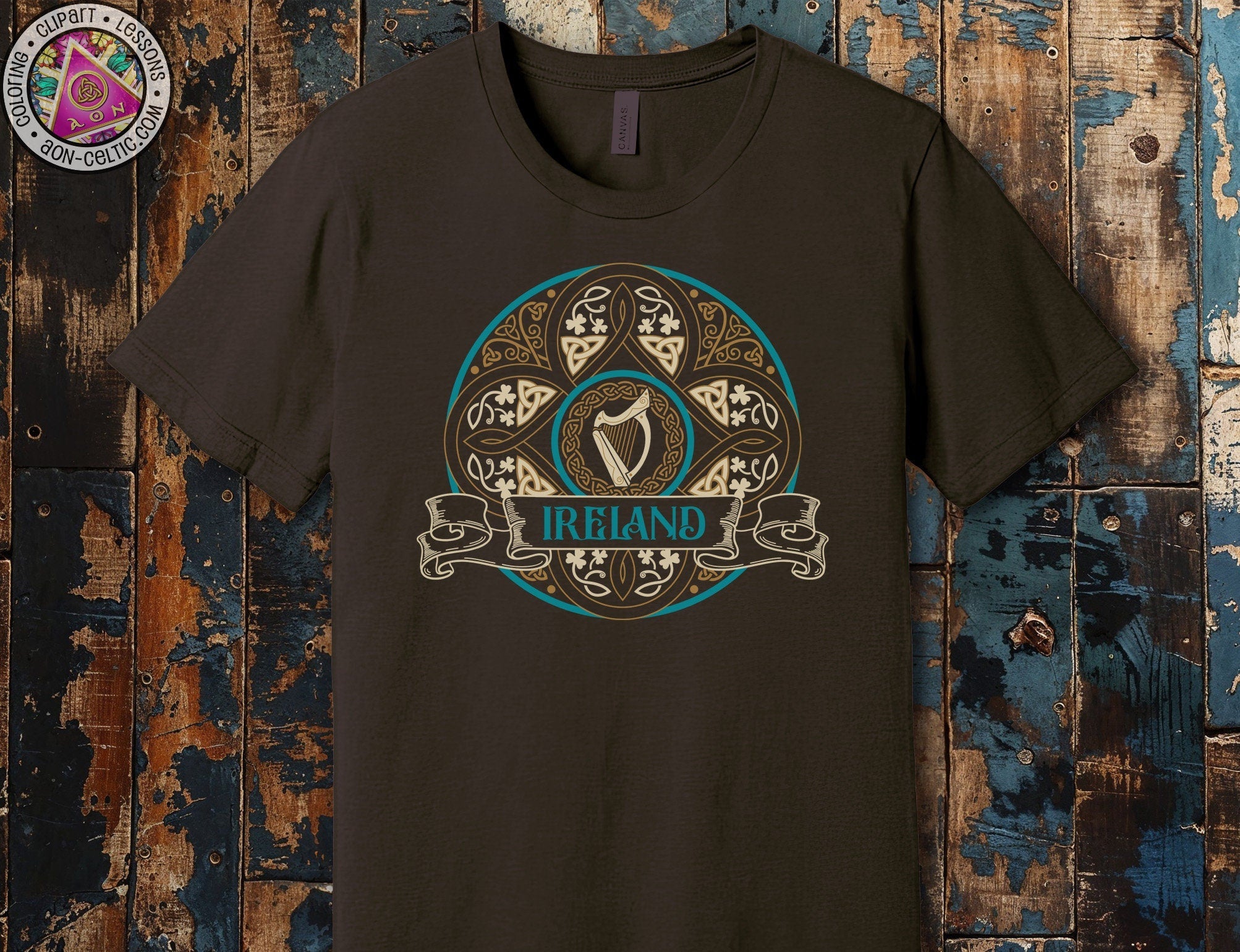 a t - shirt with a picture of a harp on it