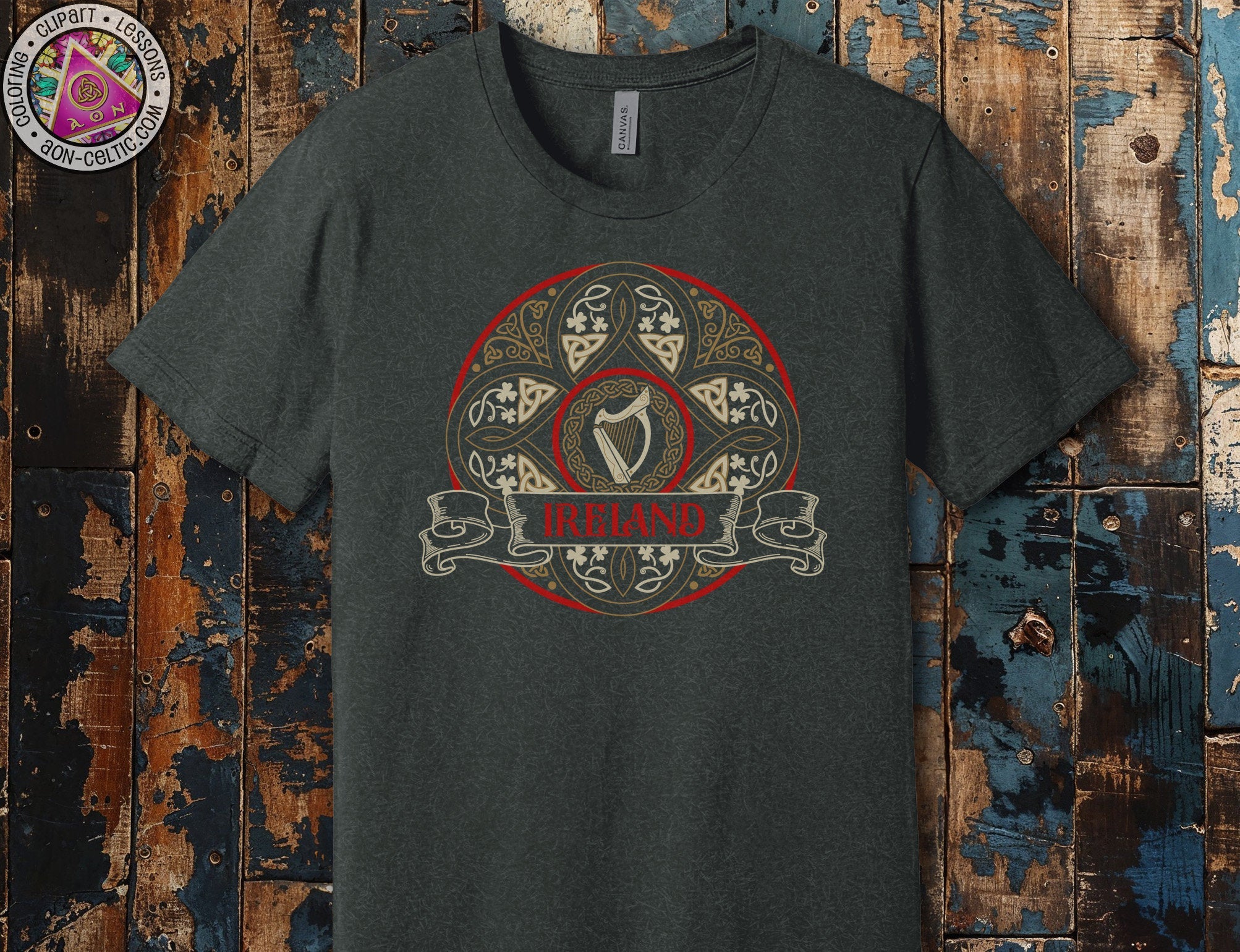 a t - shirt with a picture of a harp on it