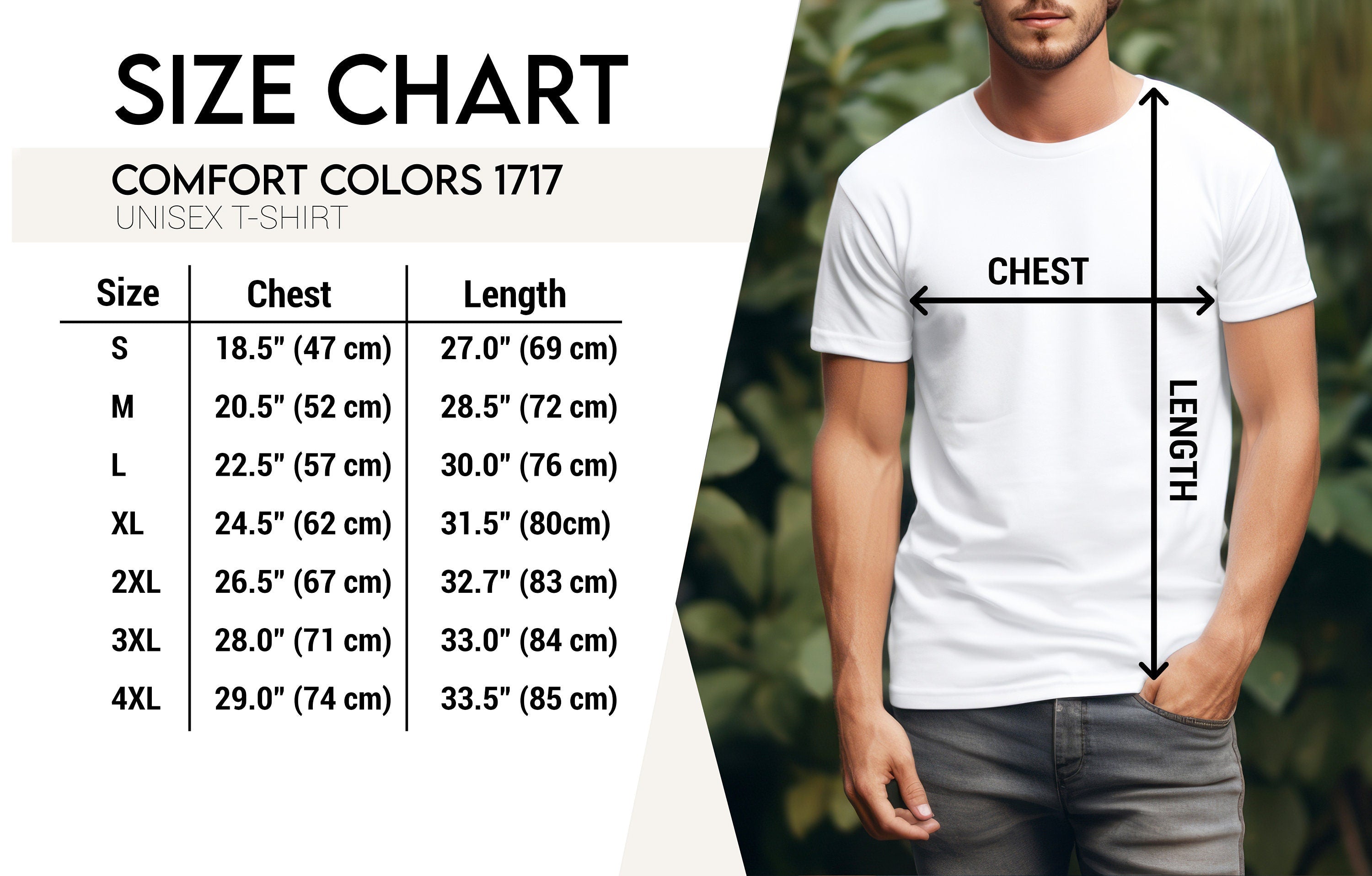 a man wearing a white t - shirt with measurements