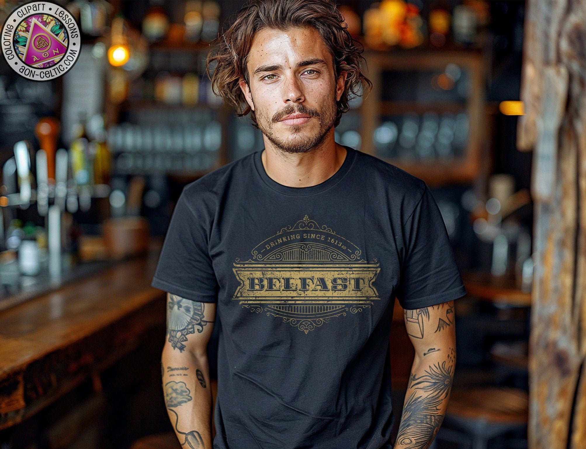 a man with tattoos standing in front of a bar
