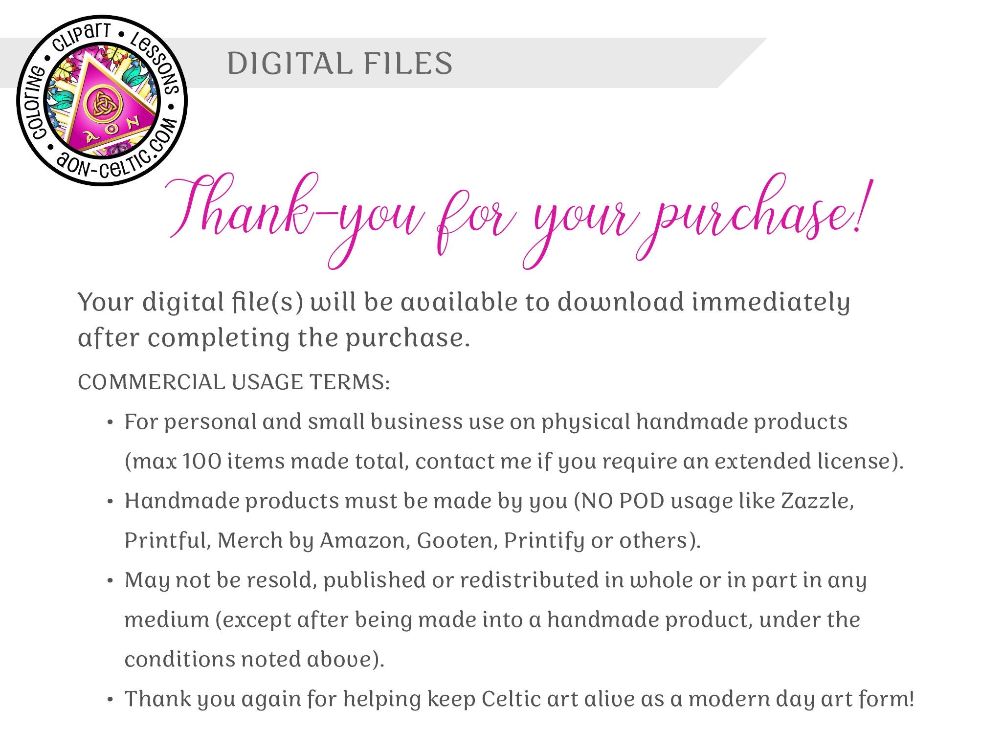 a thank you for your purchase from the digital files